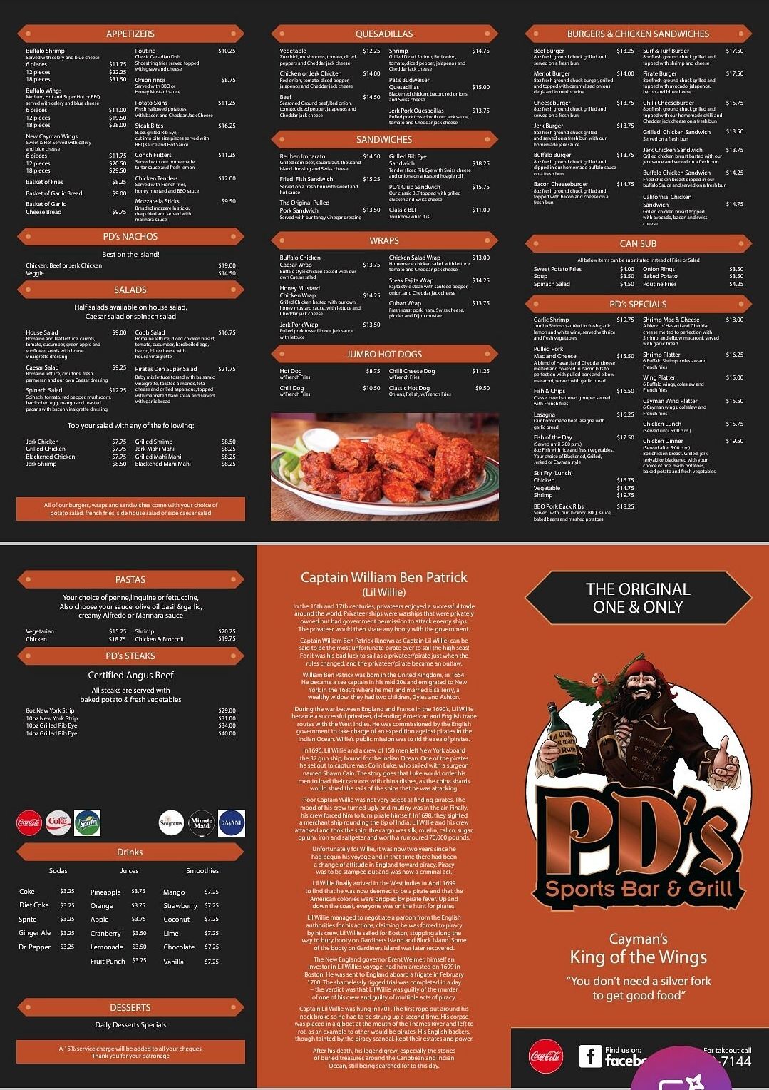 PD's Sports Bar & Grill full menu, Grand Cayman